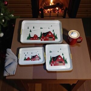 Set Of 3 Vintage Christmas Holiday Serving Trays Christmas House Made in Japan *